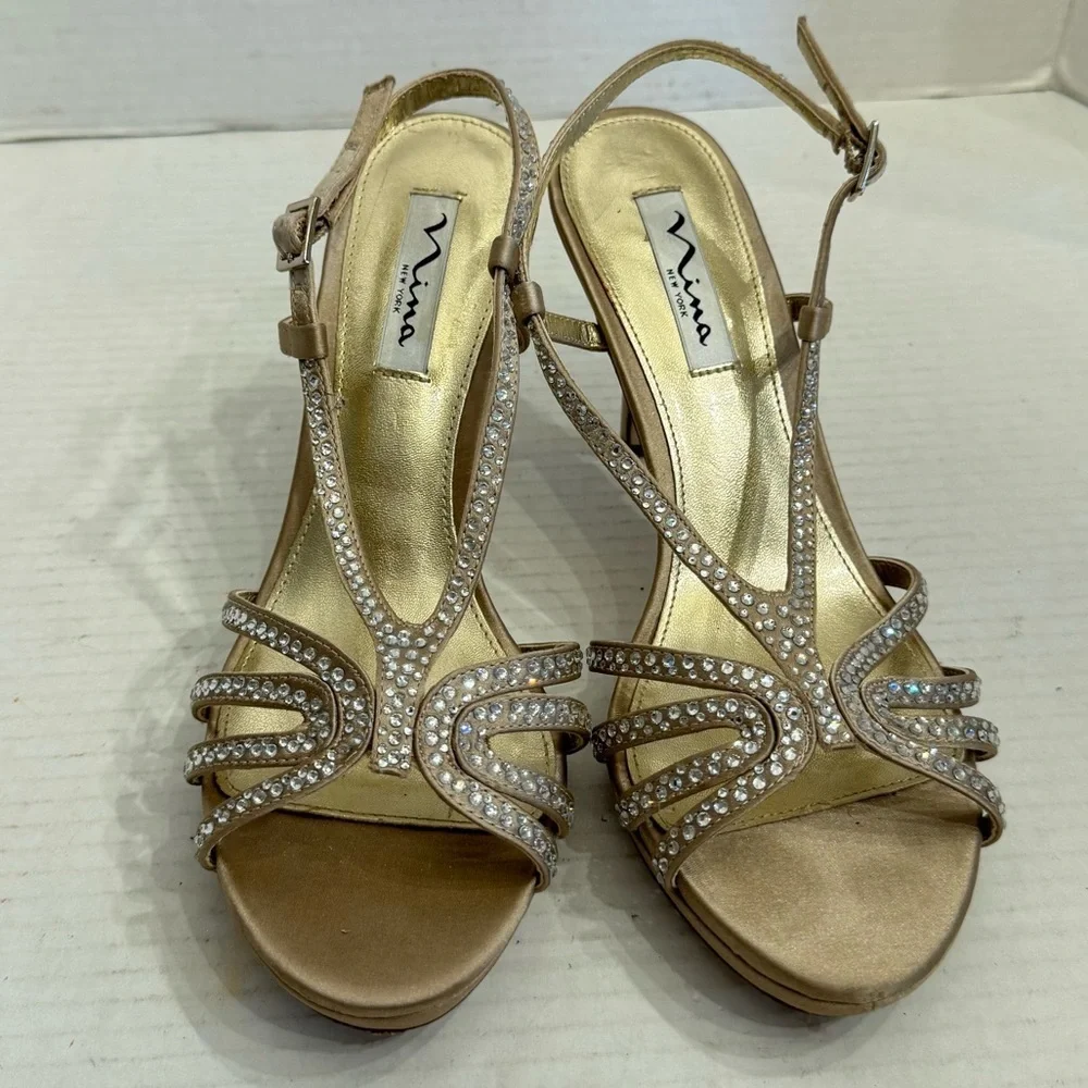 Nina Gold Rhinestone Strappy Heels Sz 7.5 Party Shoes Wedding Formal Cocktail